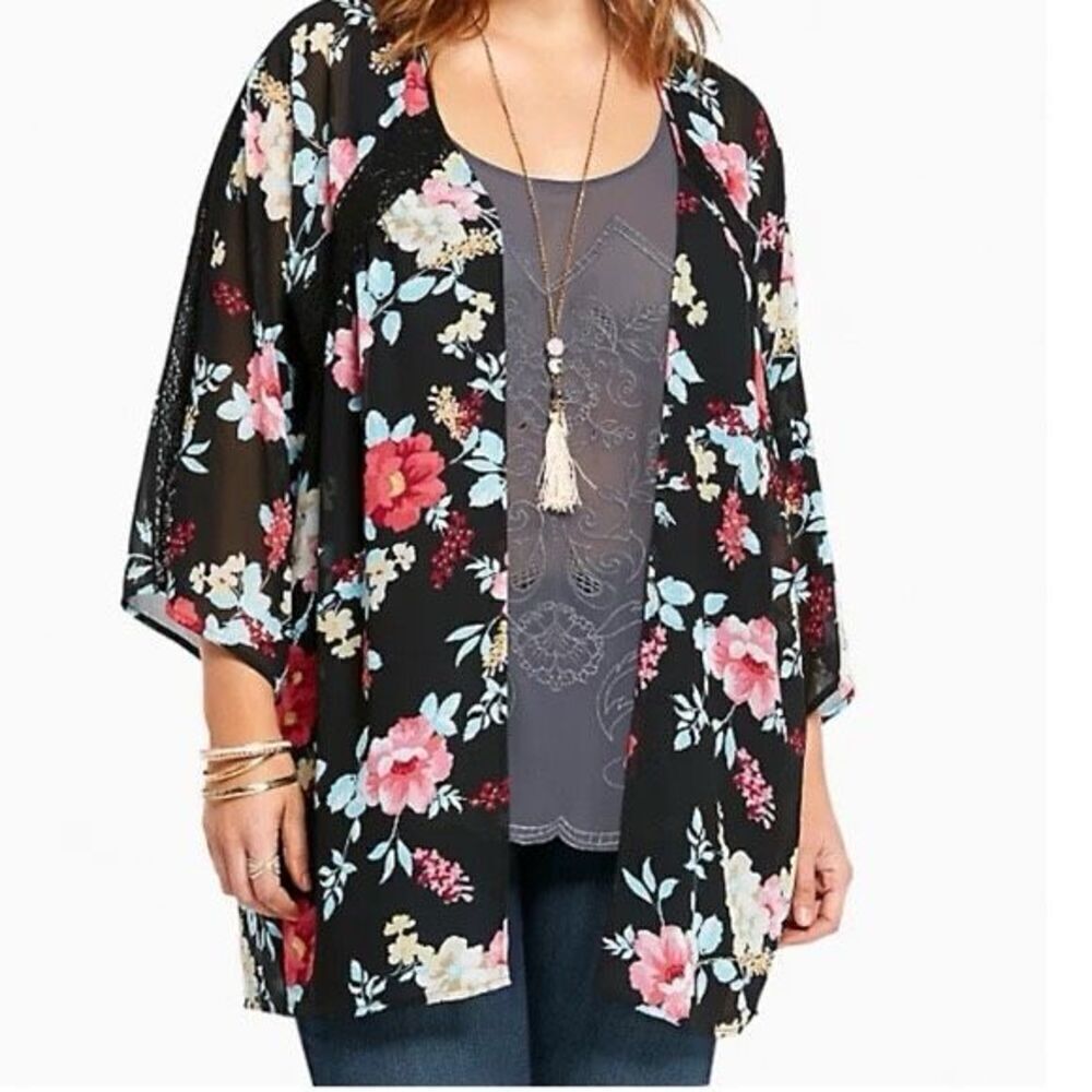 ✨Torrid Floral Chiffon Lace Trim Sz 00 Kimono✨ - Picture 3 of 9